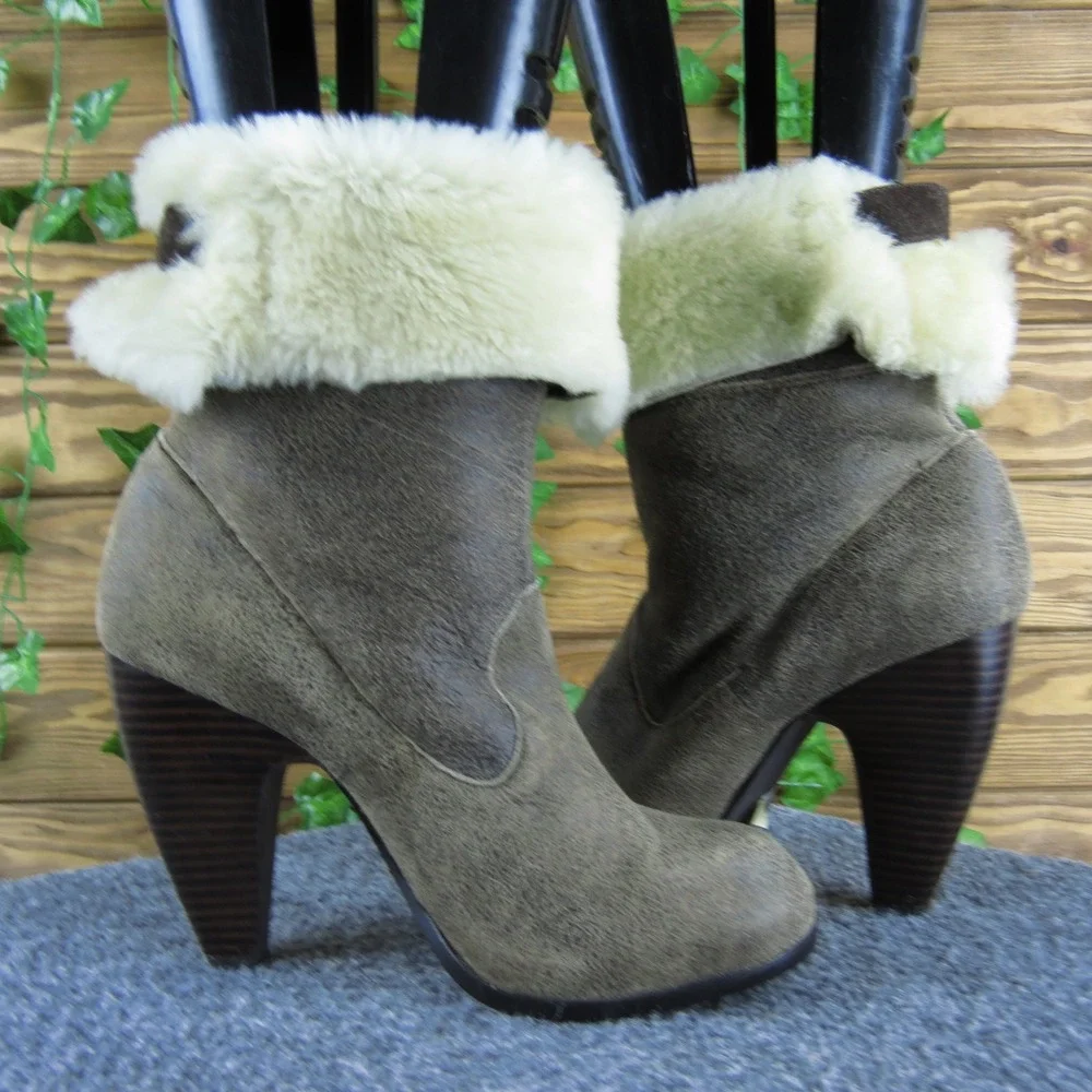 Womens Ankle Boots High Heel‎ Sheep Fur Cuff Taupe Brown Western Booties